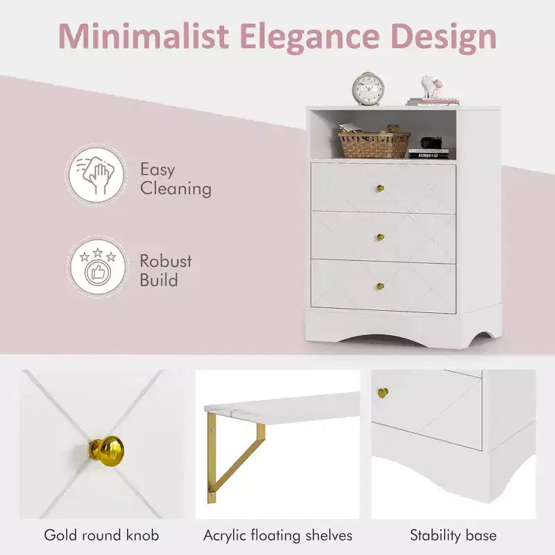 Commode avec tiroirs et étagères flottantes, commode à 3 tiroirs avec rangement ouvert et finition peinte, pour chambre, placard, couloir