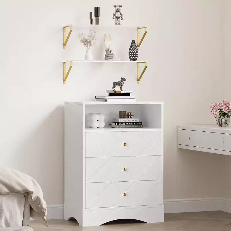 Commode avec tiroirs et étagères flottantes, commode à 3 tiroirs avec rangement ouvert et finition peinte, pour chambre, placard, couloir