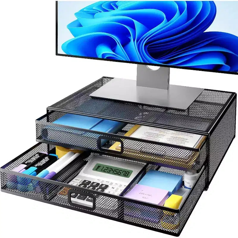 HUANUO 2-Tier Monitor Stand - Metal Riser with Drawer, Desk Organizer for PC, Laptop &amp; Printer Storage, Stylish and Functional Design