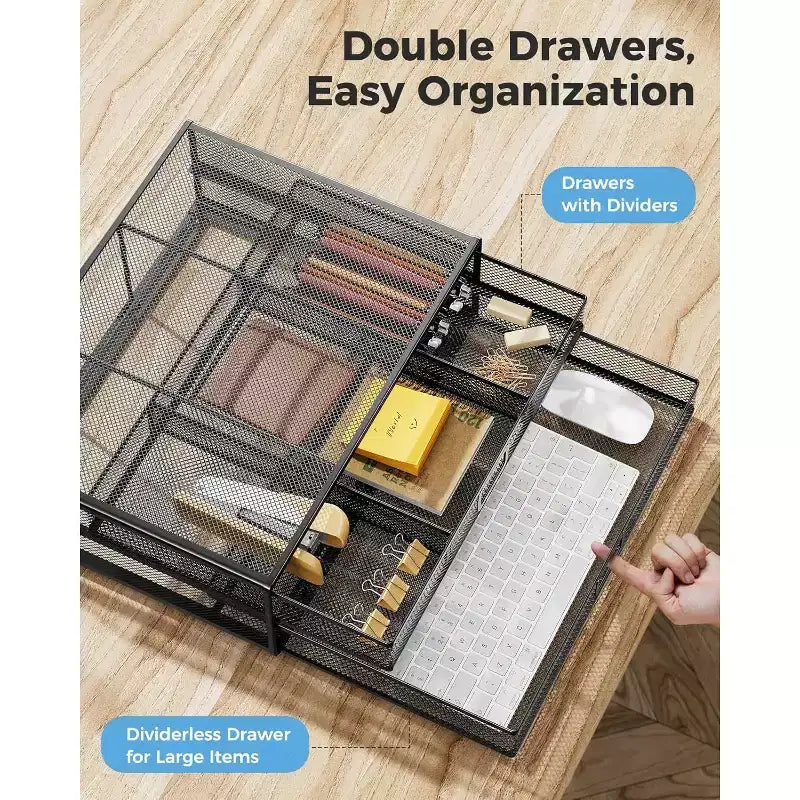 Support double écran – Rehausseur en métal avec tiroir, organiseur de bureau pour PC, ordinateur portable et imprimante, design élégant et fonctionnel