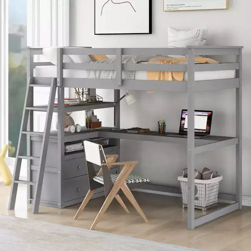 Whisen 79.5''L*57.1''W Wood Loft Bed with Desk, Shelves and Two Built-in Drawers, Multifunctionl Design