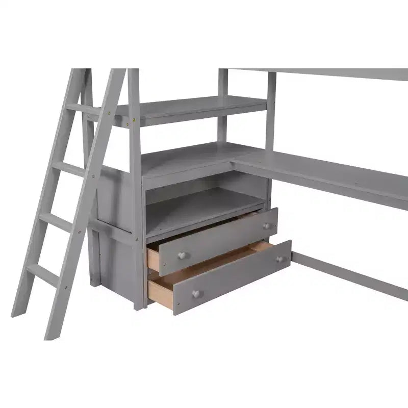 Lit mezzanine en bois de 79,5''L*57,1''W avec bureau, étagères et deux tiroirs intégrés, design multifonctionnel