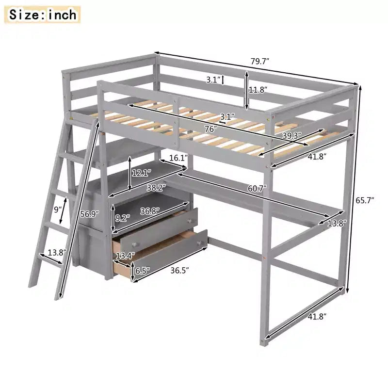 Lit mezzanine en bois de 79,5''L*57,1''W avec bureau, étagères et deux tiroirs intégrés, design multifonctionnel