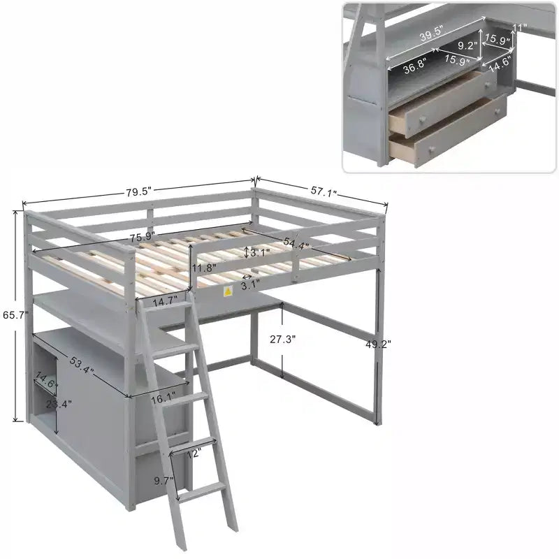 Lit mezzanine en bois de 79,5''L*57,1''W avec bureau, étagères et deux tiroirs intégrés, design multifonctionnel