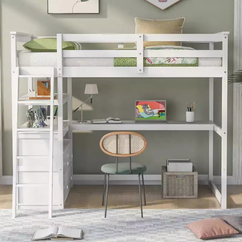 Lit mezzanine en bois de 79,5''L*57,1''W avec bureau, étagères et deux tiroirs intégrés, design multifonctionnel