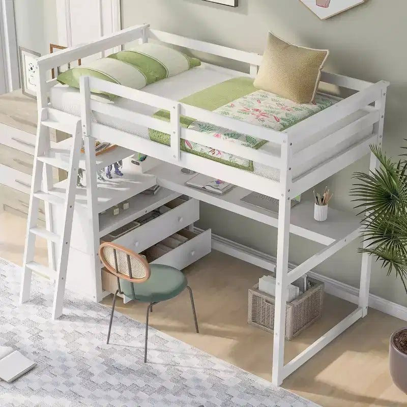 Lit mezzanine en bois de 79,5''L*57,1''W avec bureau, étagères et deux tiroirs intégrés, design multifonctionnel