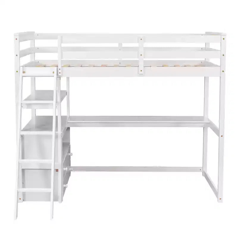 Lit mezzanine en bois de 79,5''L*57,1''W avec bureau, étagères et deux tiroirs intégrés, design multifonctionnel