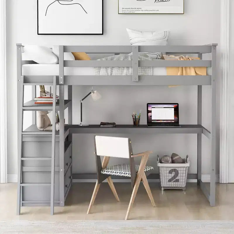 Lit mezzanine en bois de 79,5''L*57,1''W avec bureau, étagères et deux tiroirs intégrés, design multifonctionnel