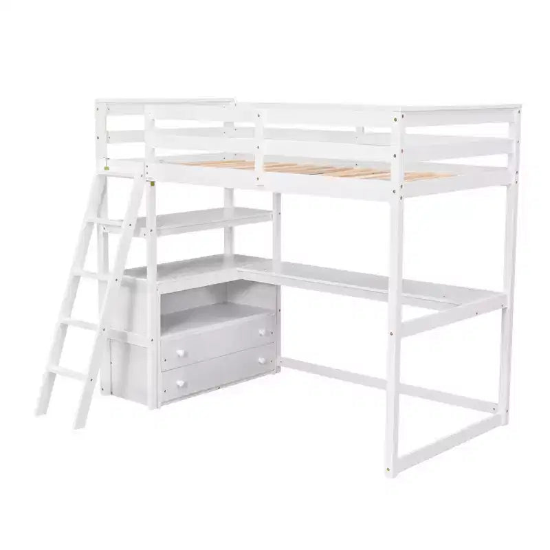 Lit mezzanine en bois de 79,5''L*57,1''W avec bureau, étagères et deux tiroirs intégrés, design multifonctionnel