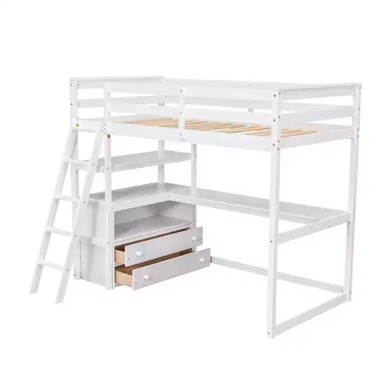 Lit mezzanine en bois de 79,5''L*57,1''W avec bureau, étagères et deux tiroirs intégrés, design multifonctionnel