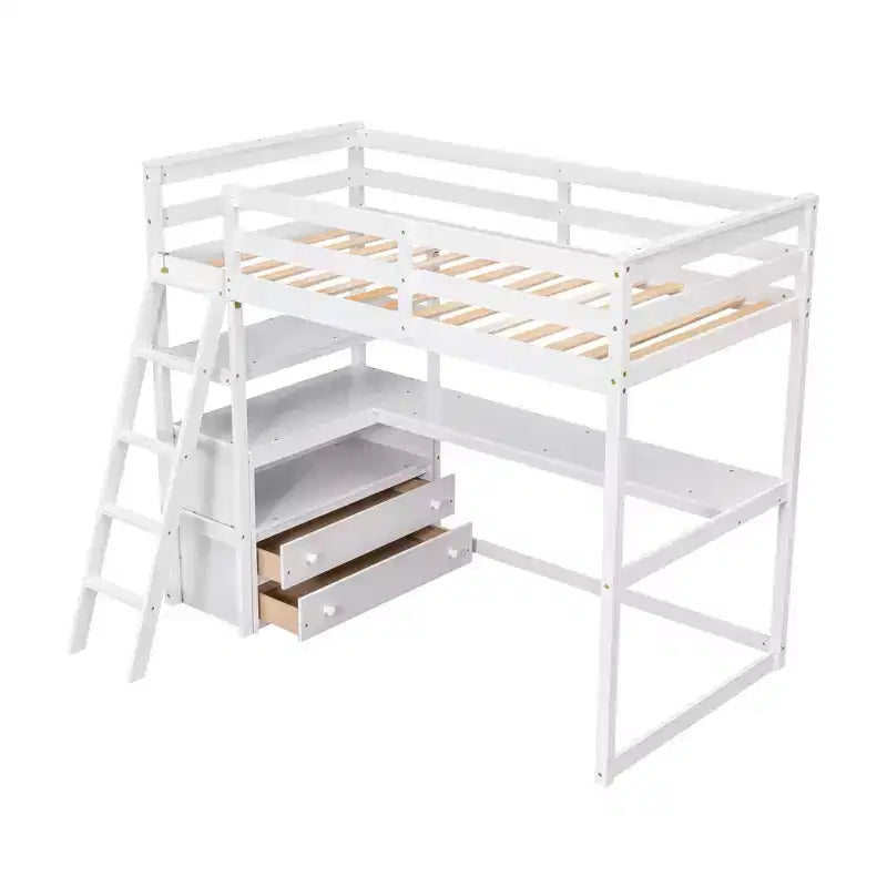 Lit mezzanine en bois de 79,5''L*57,1''W avec bureau, étagères et deux tiroirs intégrés, design multifonctionnel
