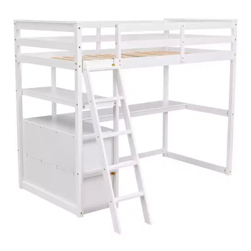Lit mezzanine en bois de 79,5''L*57,1''W avec bureau, étagères et deux tiroirs intégrés, design multifonctionnel