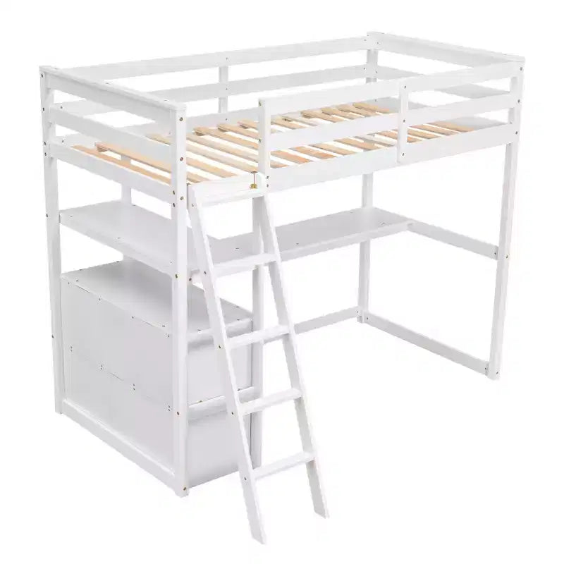 Lit mezzanine en bois de 79,5''L*57,1''W avec bureau, étagères et deux tiroirs intégrés, design multifonctionnel