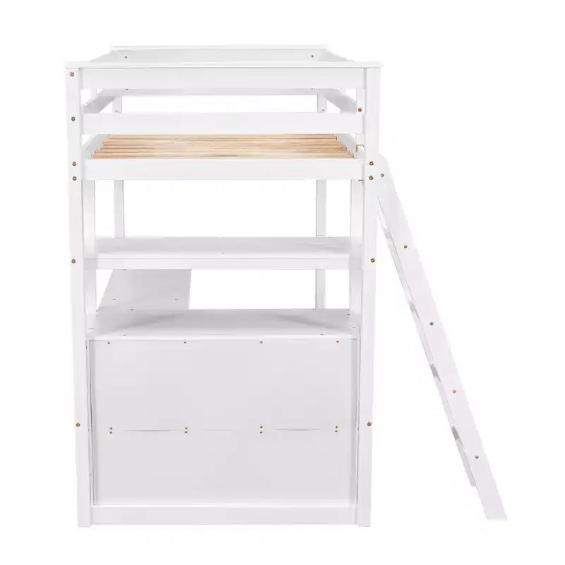 Lit mezzanine en bois de 79,5''L*57,1''W avec bureau, étagères et deux tiroirs intégrés, design multifonctionnel