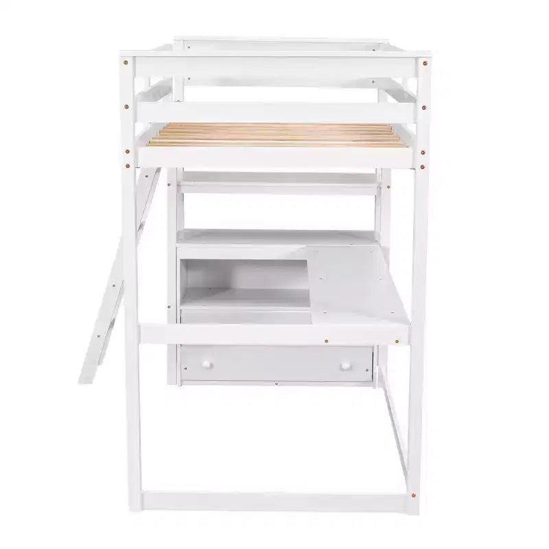 Lit mezzanine en bois de 79,5''L*57,1''W avec bureau, étagères et deux tiroirs intégrés, design multifonctionnel