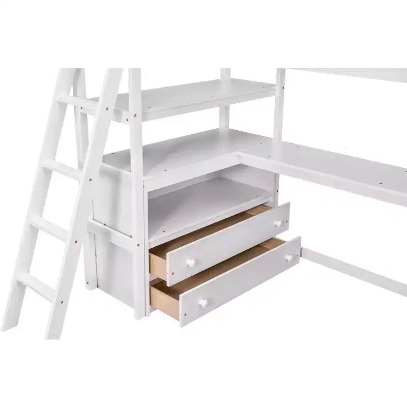Lit mezzanine en bois de 79,5''L*57,1''W avec bureau, étagères et deux tiroirs intégrés, design multifonctionnel