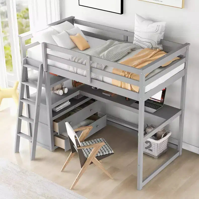Lit mezzanine en bois de 79,5''L*57,1''W avec bureau, étagères et deux tiroirs intégrés, design multifonctionnel