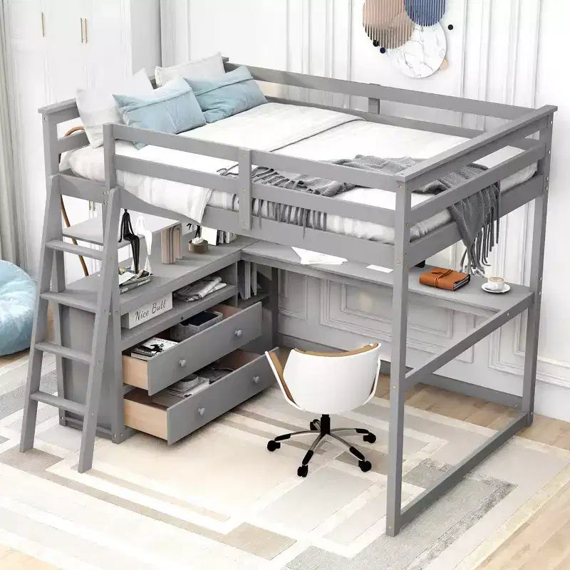 Lit mezzanine en bois de 79,5''L*57,1''W avec bureau, étagères et deux tiroirs intégrés, design multifonctionnel