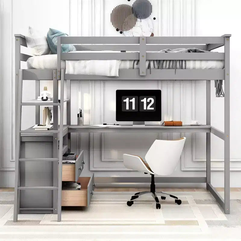 Lit mezzanine en bois de 79,5''L*57,1''W avec bureau, étagères et deux tiroirs intégrés, design multifonctionnel