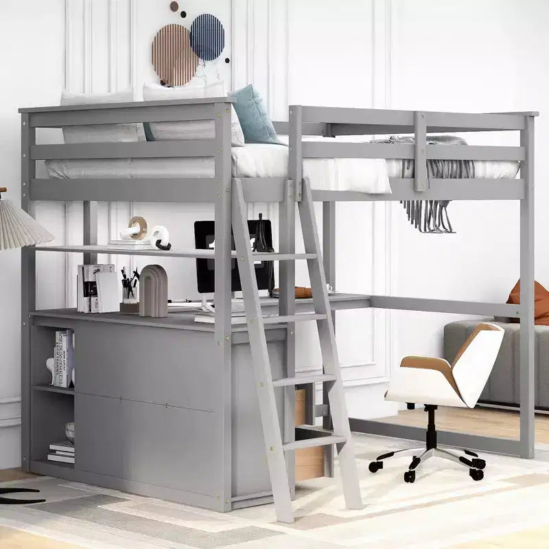 Lit mezzanine en bois de 79,5''L*57,1''W avec bureau, étagères et deux tiroirs intégrés, design multifonctionnel