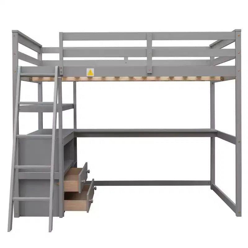 Lit mezzanine en bois de 79,5''L*57,1''W avec bureau, étagères et deux tiroirs intégrés, design multifonctionnel