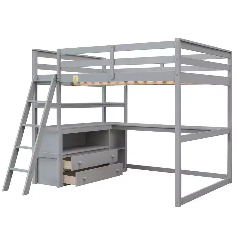 Lit mezzanine en bois de 79,5''L*57,1''W avec bureau, étagères et deux tiroirs intégrés, design multifonctionnel