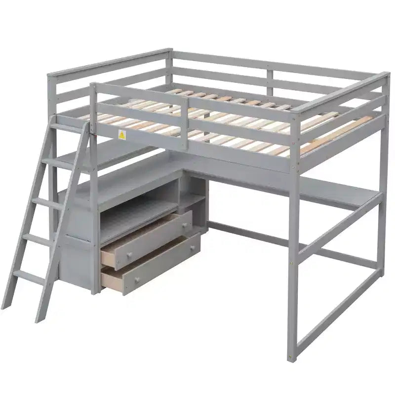 Lit mezzanine en bois de 79,5''L*57,1''W avec bureau, étagères et deux tiroirs intégrés, design multifonctionnel