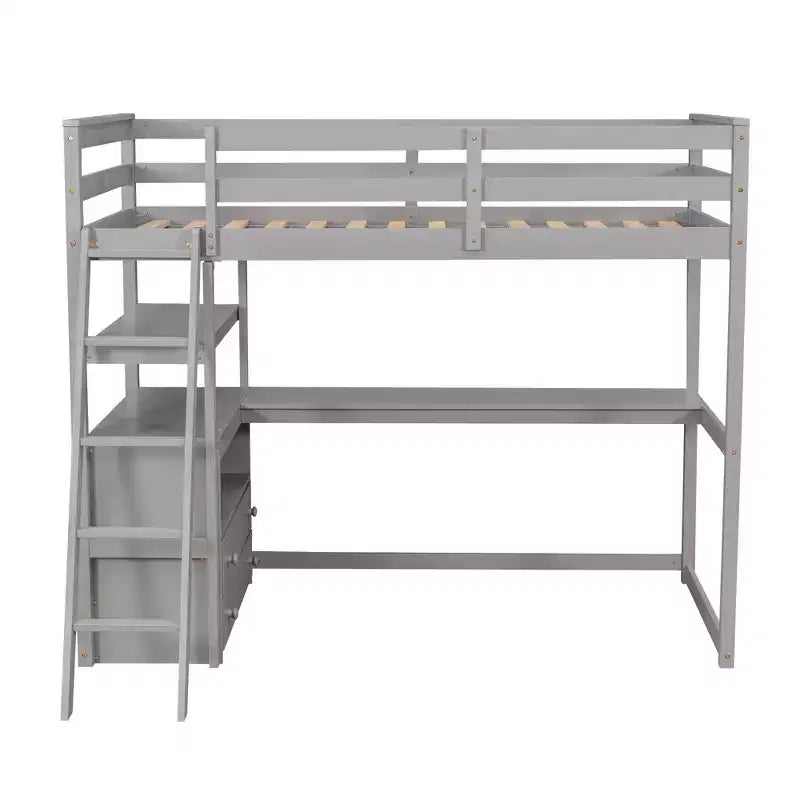 Lit mezzanine en bois de 79,5''L*57,1''W avec bureau, étagères et deux tiroirs intégrés, design multifonctionnel