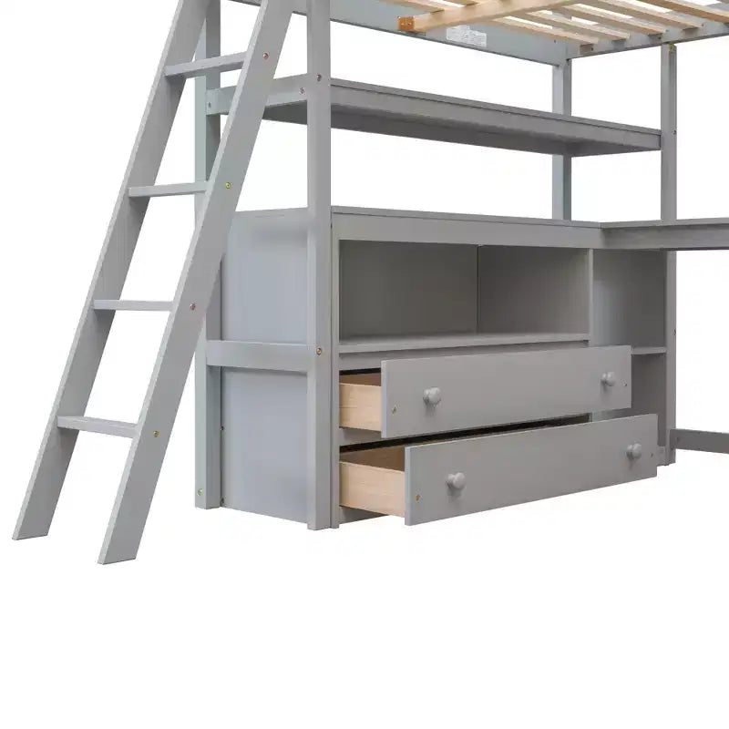 Lit mezzanine en bois de 79,5''L*57,1''W avec bureau, étagères et deux tiroirs intégrés, design multifonctionnel