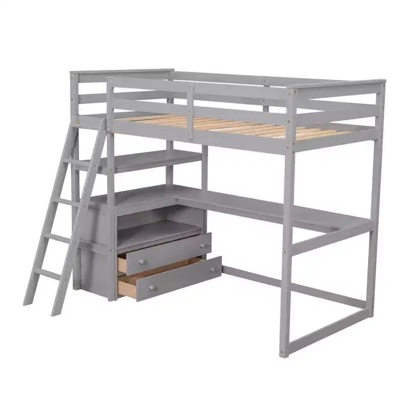 Lit mezzanine en bois de 79,5''L*57,1''W avec bureau, étagères et deux tiroirs intégrés, design multifonctionnel