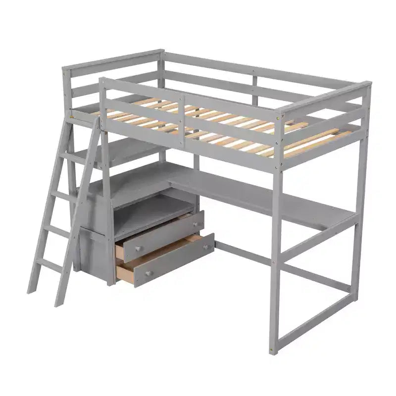 Lit mezzanine en bois de 79,5''L*57,1''W avec bureau, étagères et deux tiroirs intégrés, design multifonctionnel