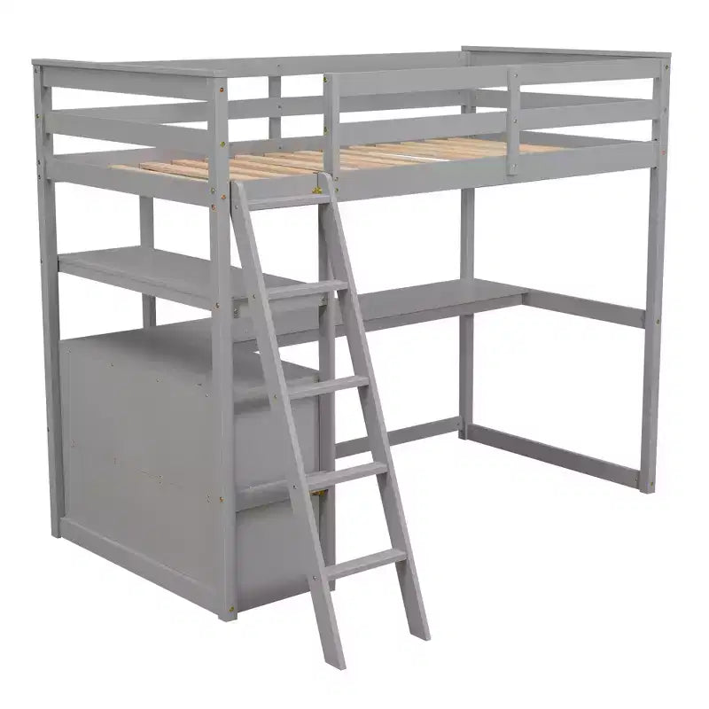 Lit mezzanine en bois de 79,5''L*57,1''W avec bureau, étagères et deux tiroirs intégrés, design multifonctionnel