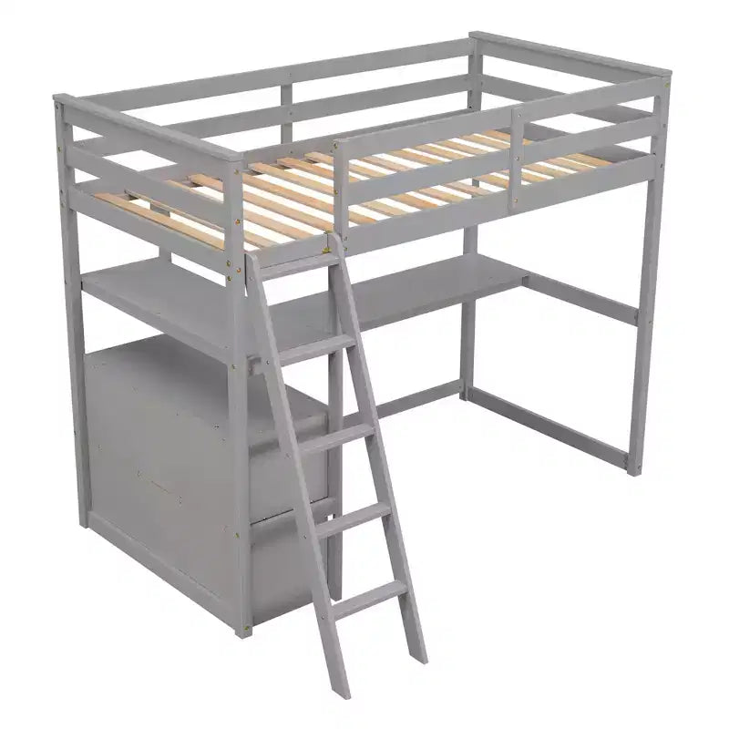 Lit mezzanine en bois de 79,5''L*57,1''W avec bureau, étagères et deux tiroirs intégrés, design multifonctionnel