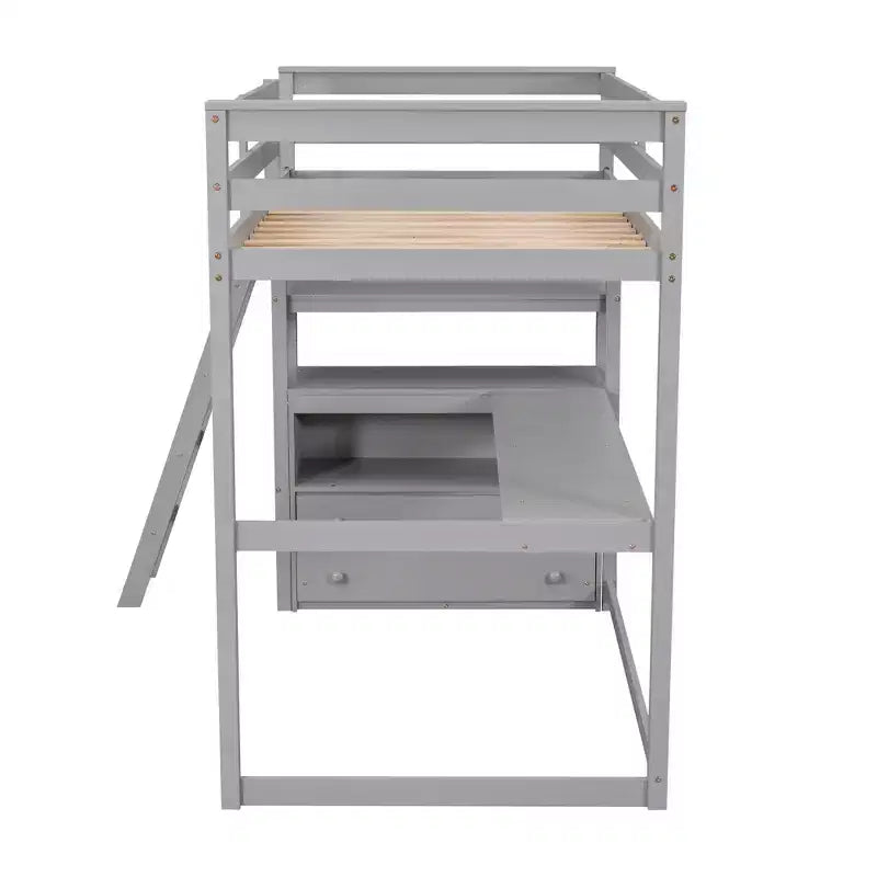 Lit mezzanine en bois de 79,5''L*57,1''W avec bureau, étagères et deux tiroirs intégrés, design multifonctionnel
