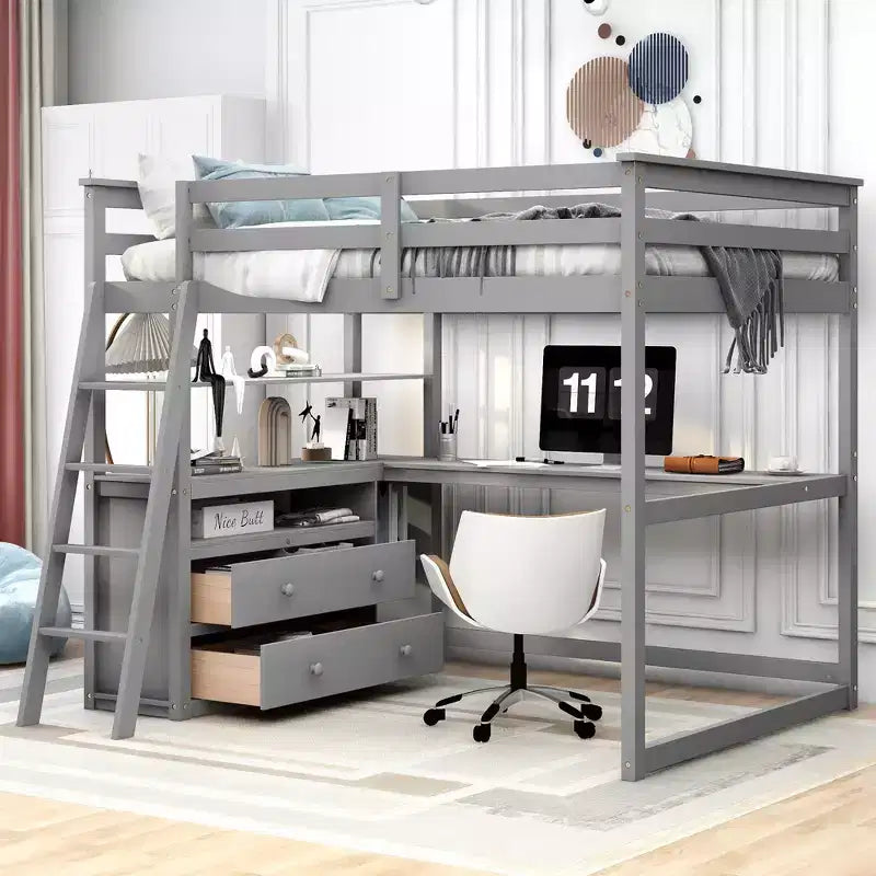 Lit mezzanine en bois de 79,5''L*57,1''W avec bureau, étagères et deux tiroirs intégrés, design multifonctionnel