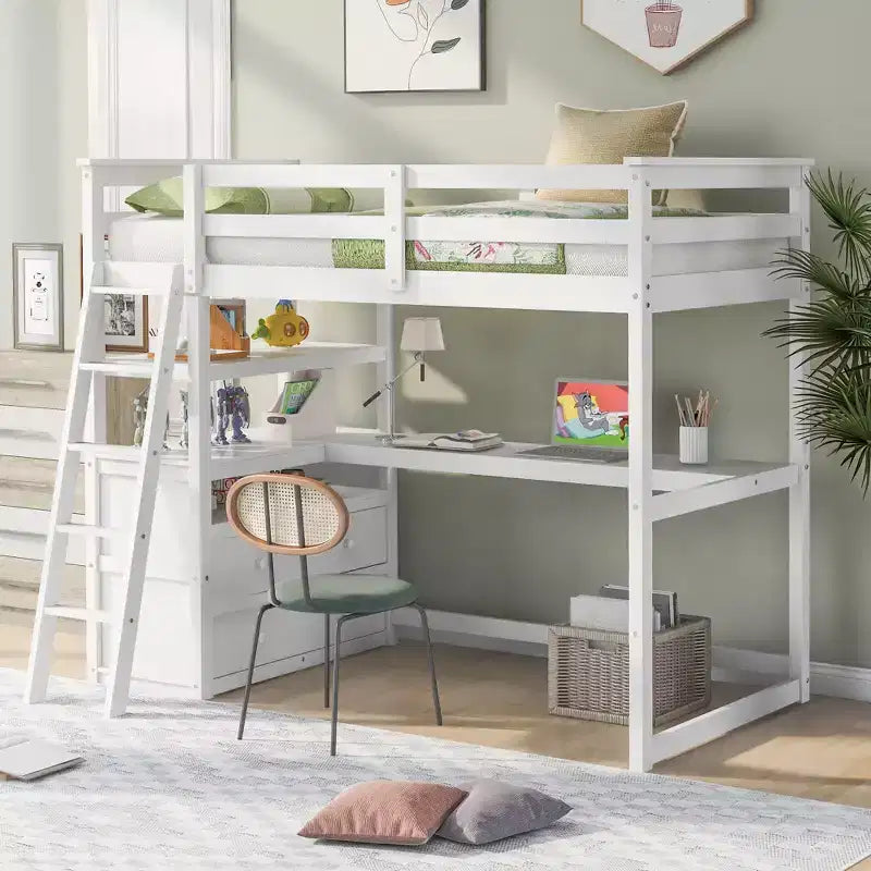 Lit mezzanine en bois de 79,5''L*57,1''W avec bureau, étagères et deux tiroirs intégrés, design multifonctionnel