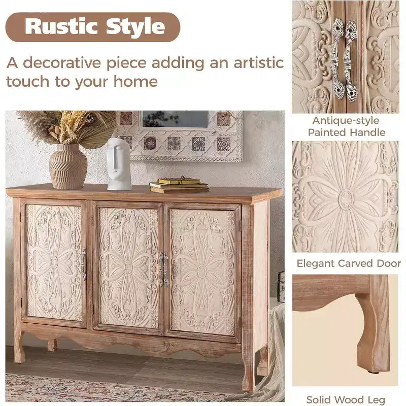 Armoire de rangement de style rustique avec 3 portes sculptées, buffet/vaisselier vintage avec étagères.