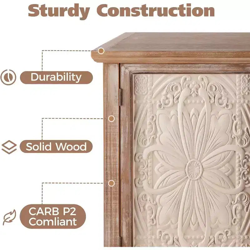 Armoire de rangement de style rustique avec 3 portes sculptées, buffet/vaisselier vintage avec étagères.
