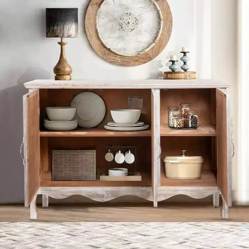 Armoire de rangement de style rustique avec 3 portes sculptées, buffet/vaisselier vintage avec étagères.