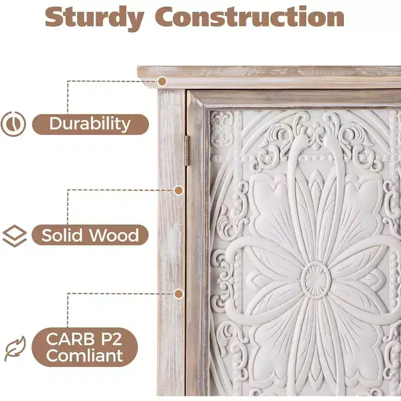 Armoire de rangement de style rustique avec 3 portes sculptées, buffet/vaisselier vintage avec étagères.
