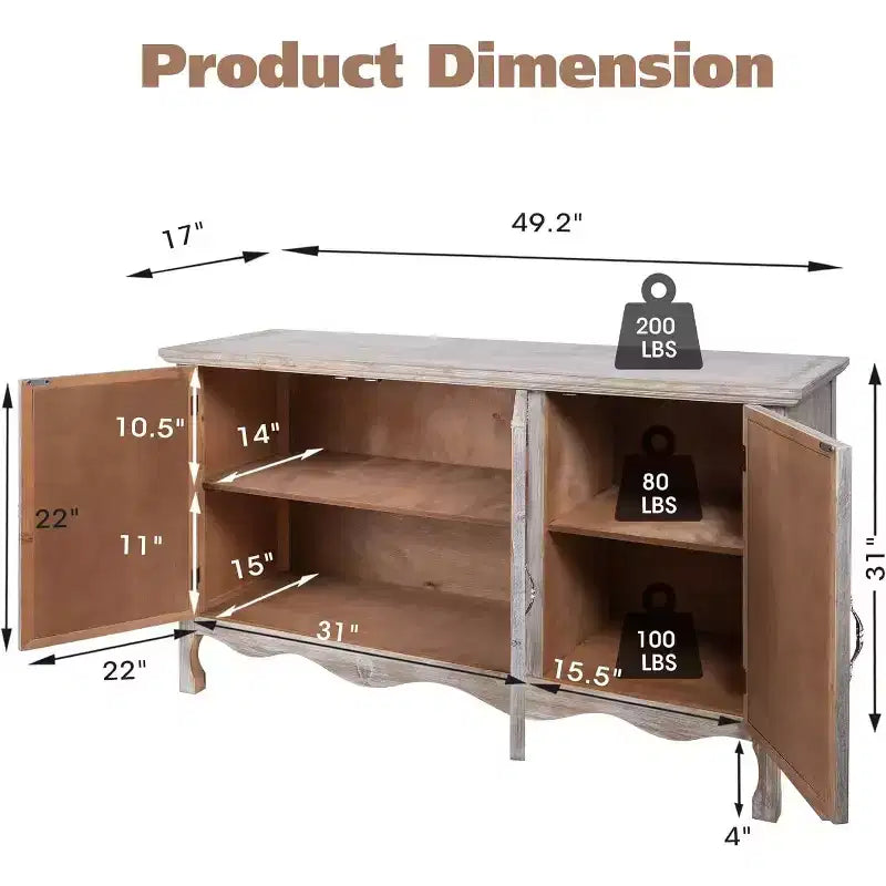 Armoire de rangement de style rustique avec 3 portes sculptées, buffet/vaisselier vintage avec étagères.
