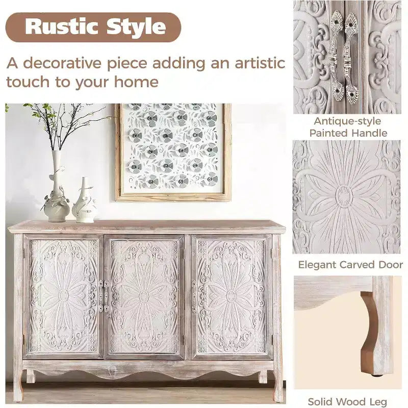 Armoire de rangement de style rustique avec 3 portes sculptées, buffet/vaisselier vintage avec étagères.