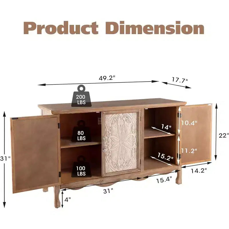 Armoire de rangement de style rustique avec 3 portes sculptées, buffet/vaisselier vintage avec étagères.