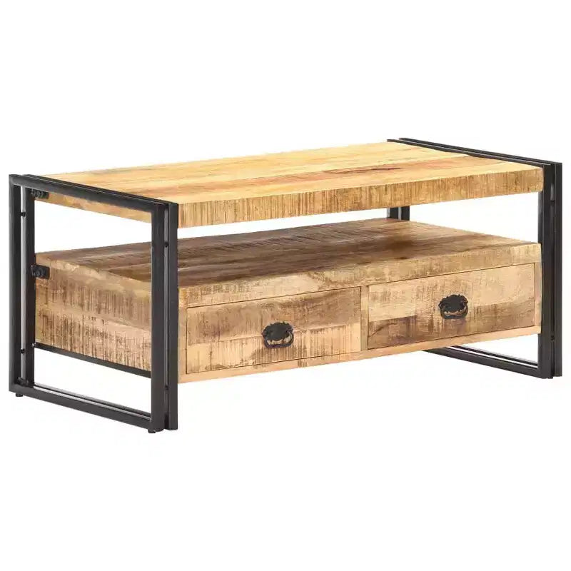 Table basse en bois d'acacia massif marron et noir, acier thermolaqué