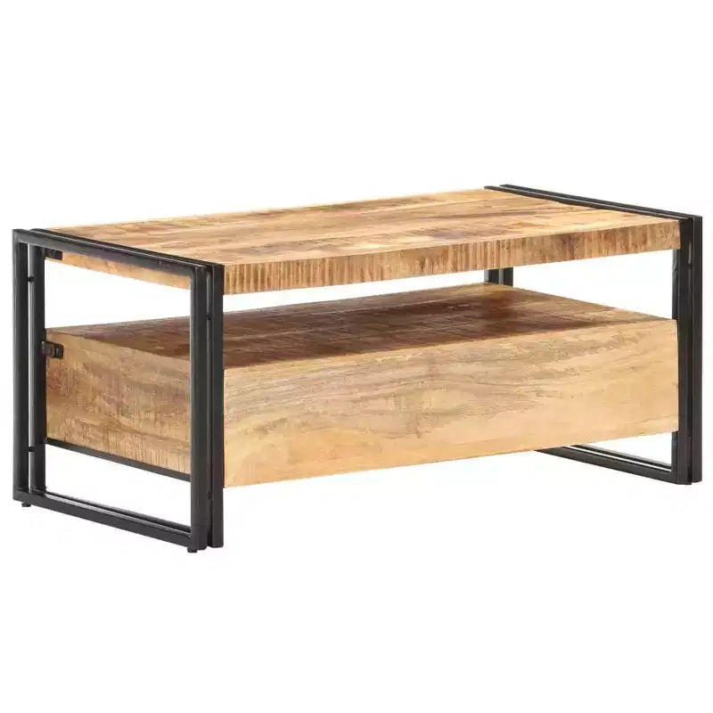Table basse en bois d'acacia massif marron et noir, acier thermolaqué