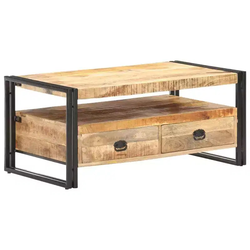 Table basse en bois d'acacia massif marron et noir, acier thermolaqué