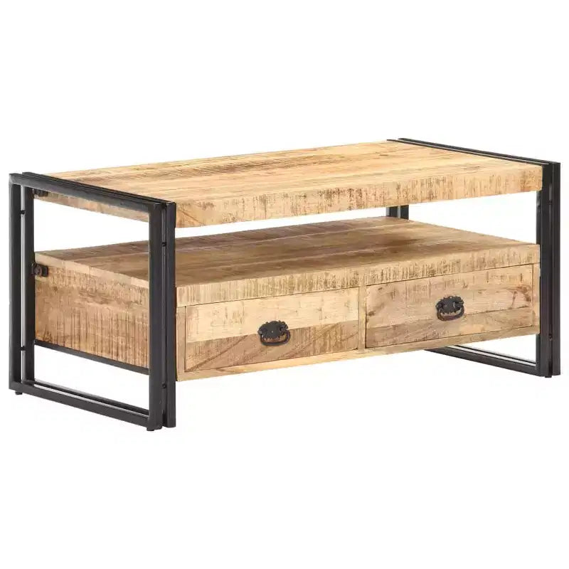 Table basse en bois d'acacia massif marron et noir, acier thermolaqué