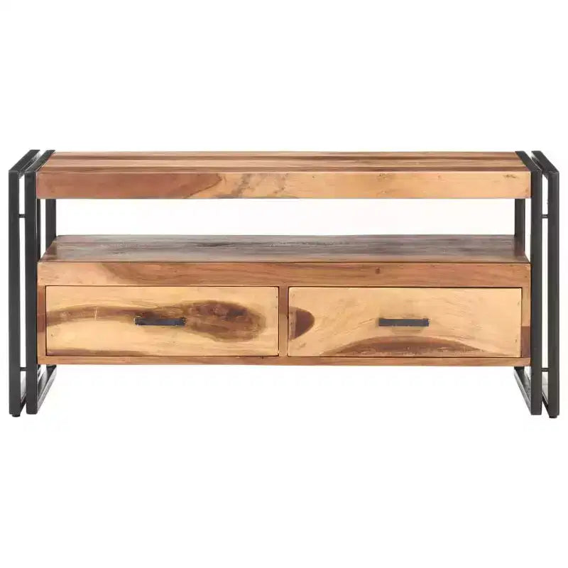 Table basse en bois d'acacia massif marron et noir, acier thermolaqué