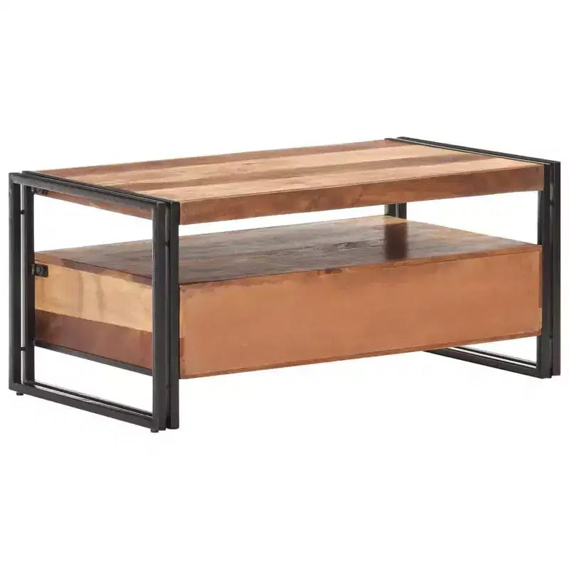 Table basse en bois d'acacia massif marron et noir, acier thermolaqué