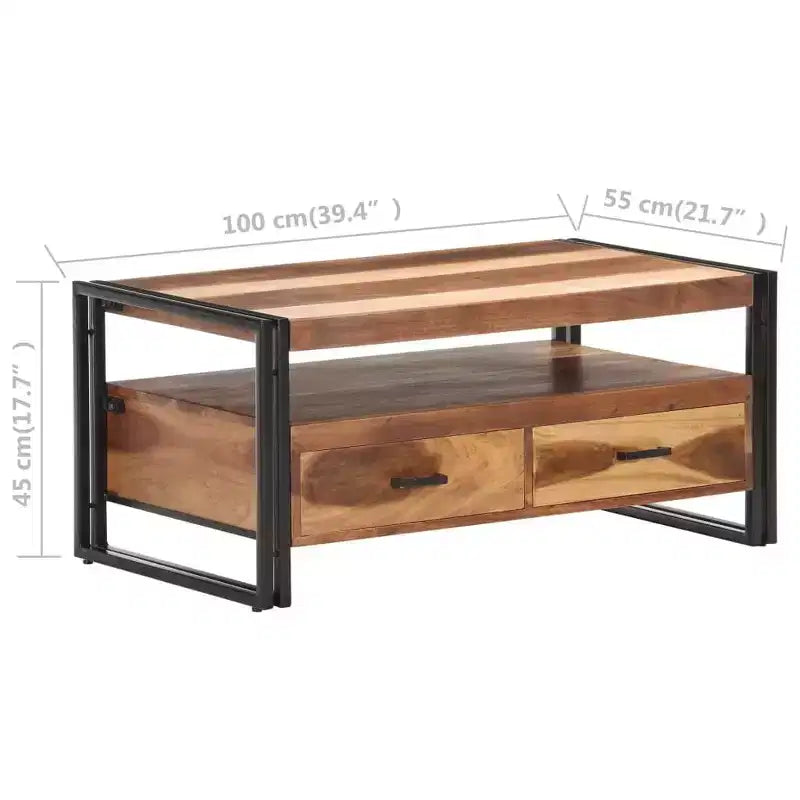 Table basse en bois d'acacia massif marron et noir, acier thermolaqué